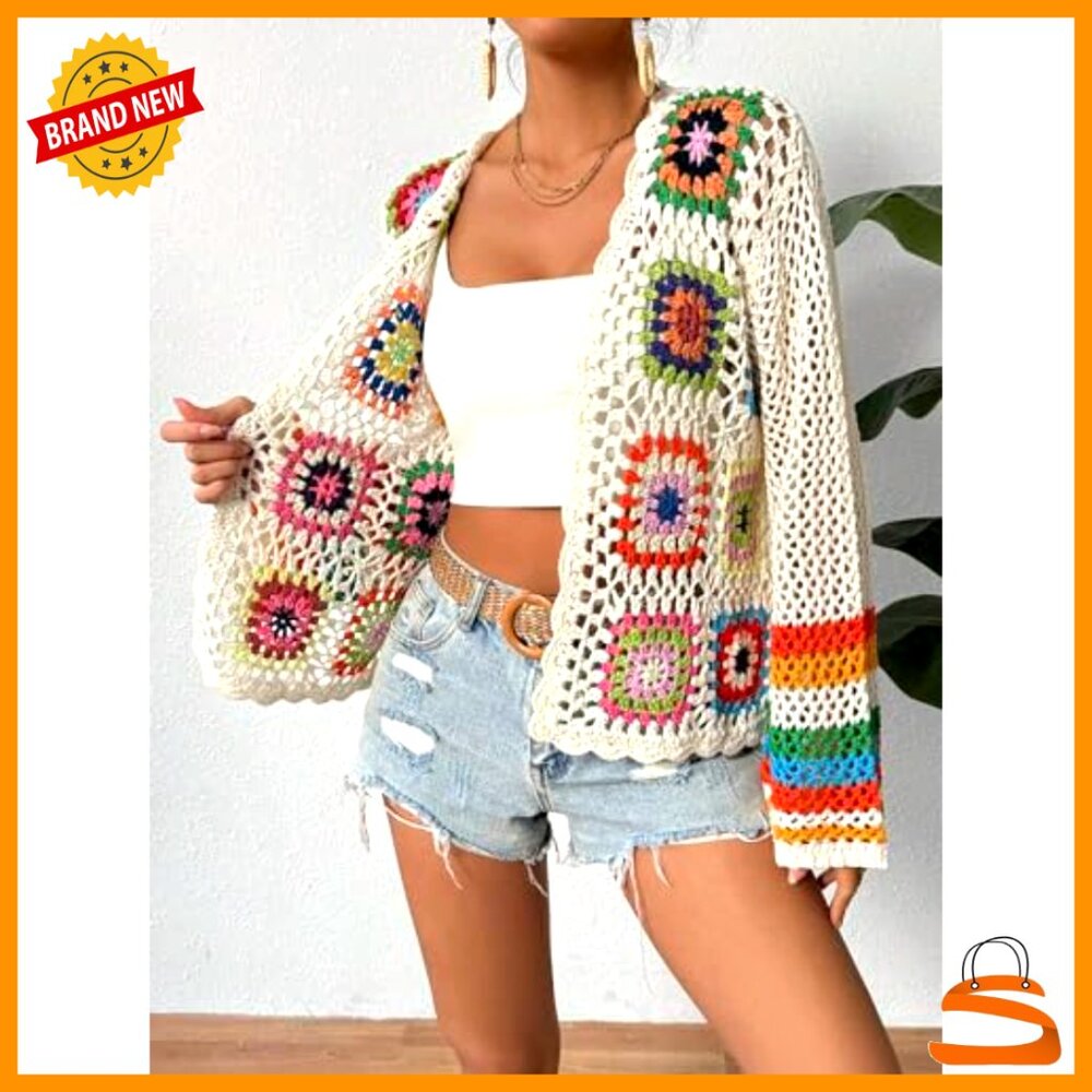 Floral Crochet Cardigan, Long Sleeve Open Front Sweater, Loose Fit Acrylic - Picture 4 of 6